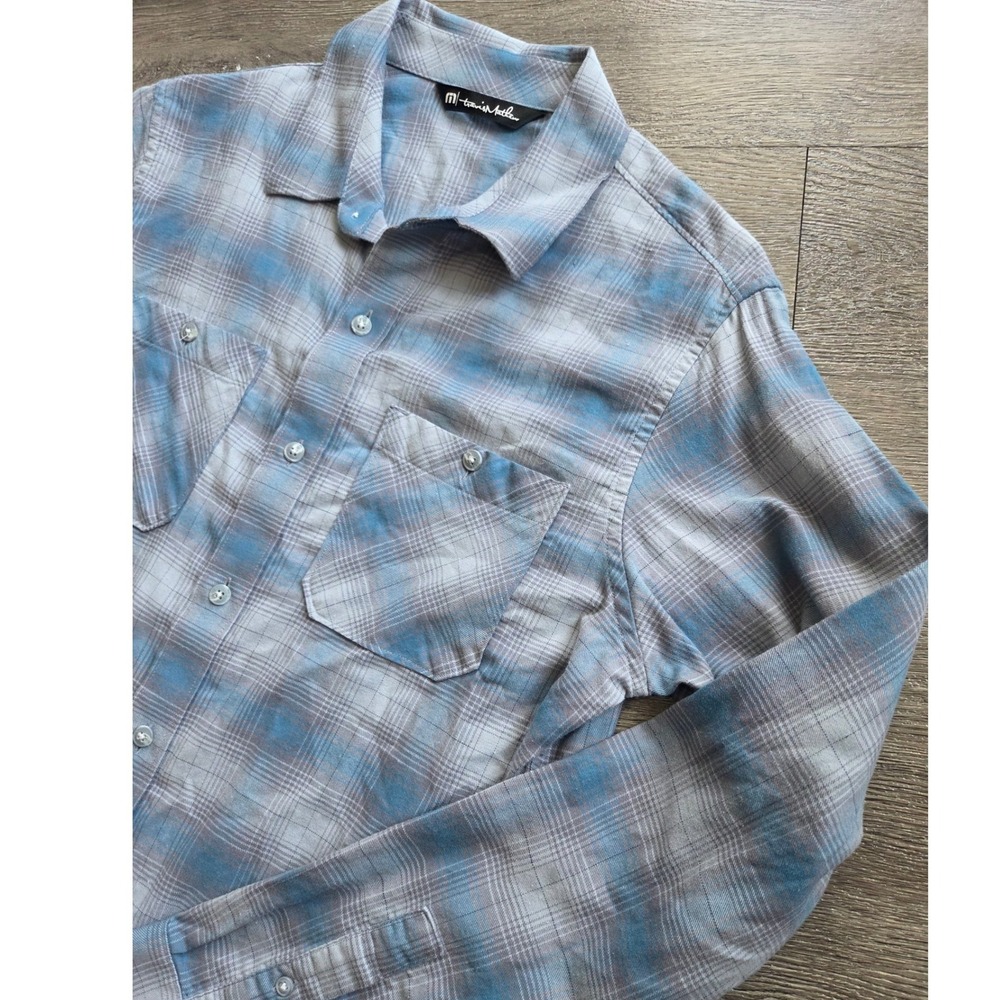 Travis Mathew Flannel Shirt Mens Small Grey Blue Plaid Button Down